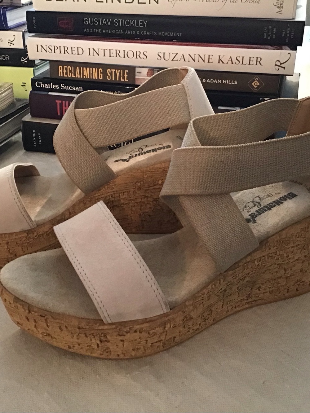Neutral Taupe Cork Wedge Sandals with Elastic Crisscross Straps